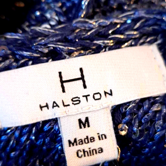 H By Halston Women's Blouse Blue Silver Marled Short Sleeve V Neck Sequined M - Picture 5 of 7